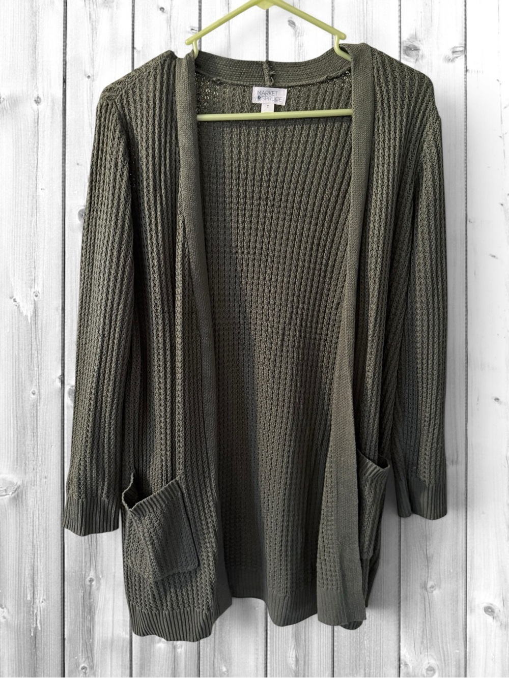 🌼Market & Spruce Olive Green Open-Front Waffle Knit Cardigan